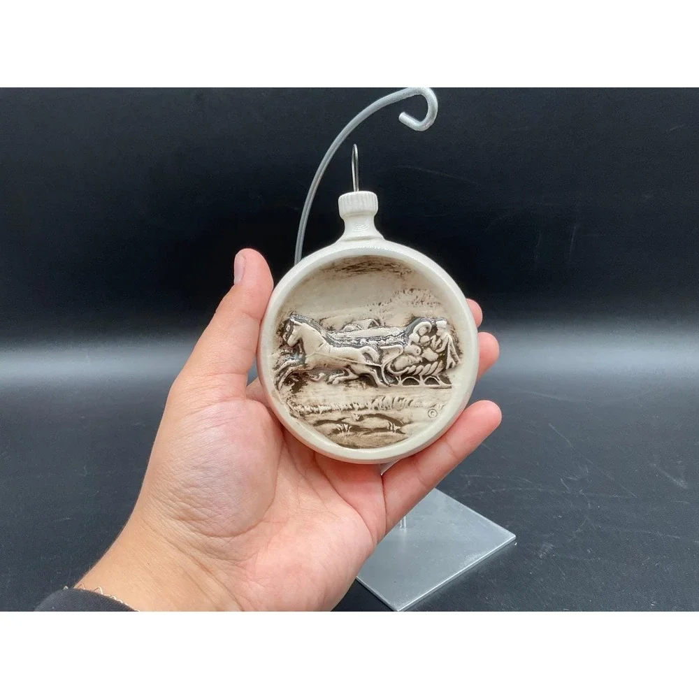 Vintage Round Ceramic Horse Sleigh Ornament Hanging Holiday Home Victorian Style